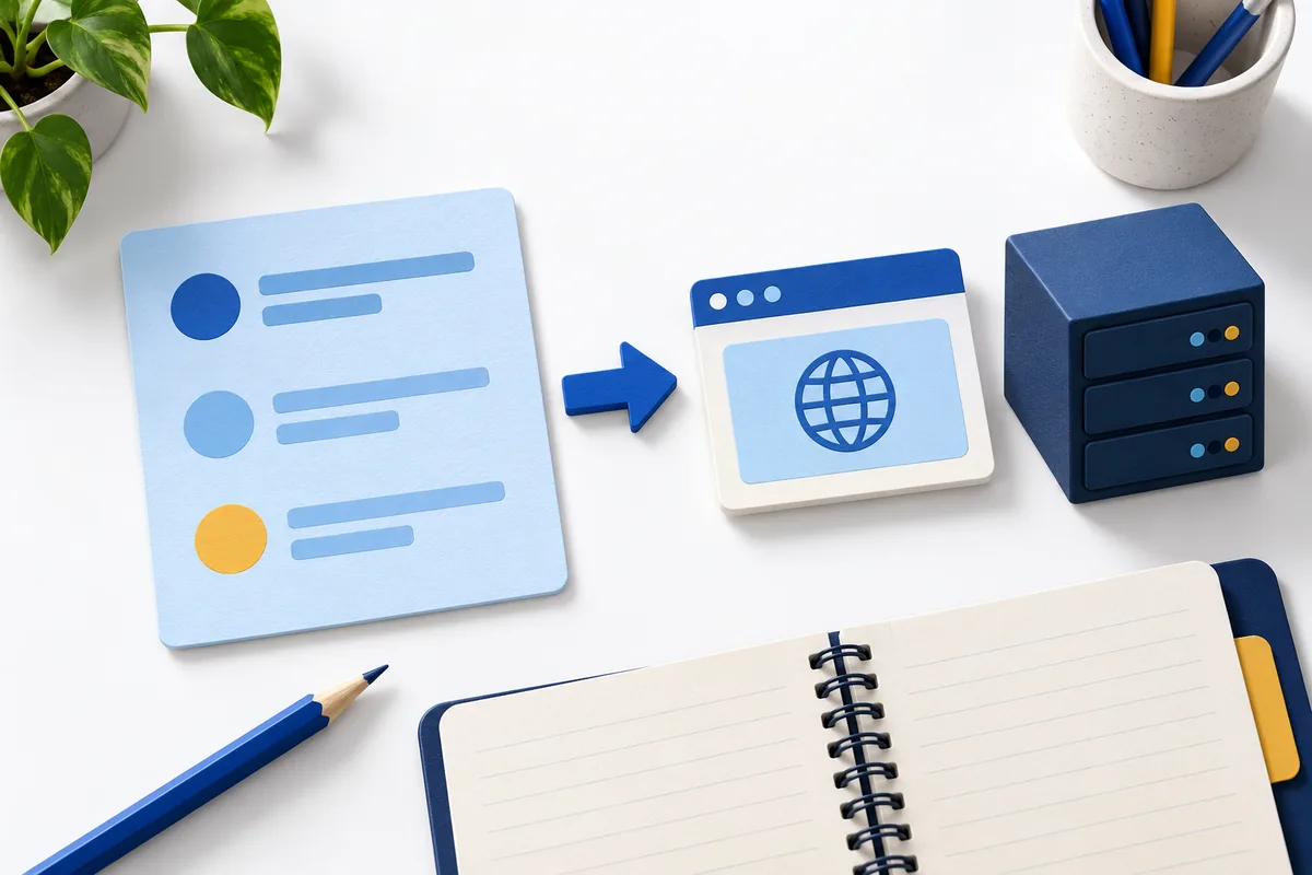 Instruction card, notebook and blue browser model beside a server on a bright desk