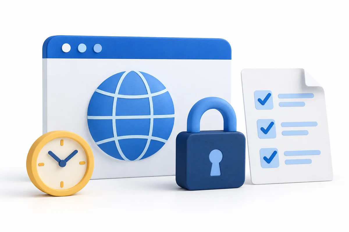 Browser model with globe, separate padlock, checklist and yellow clock
