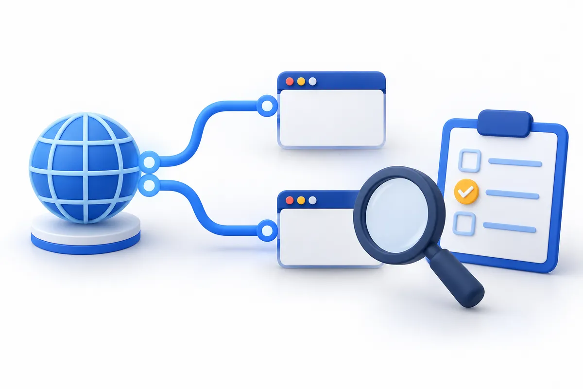 Two blue paths with separate browser windows beside a magnifying glass and checklist