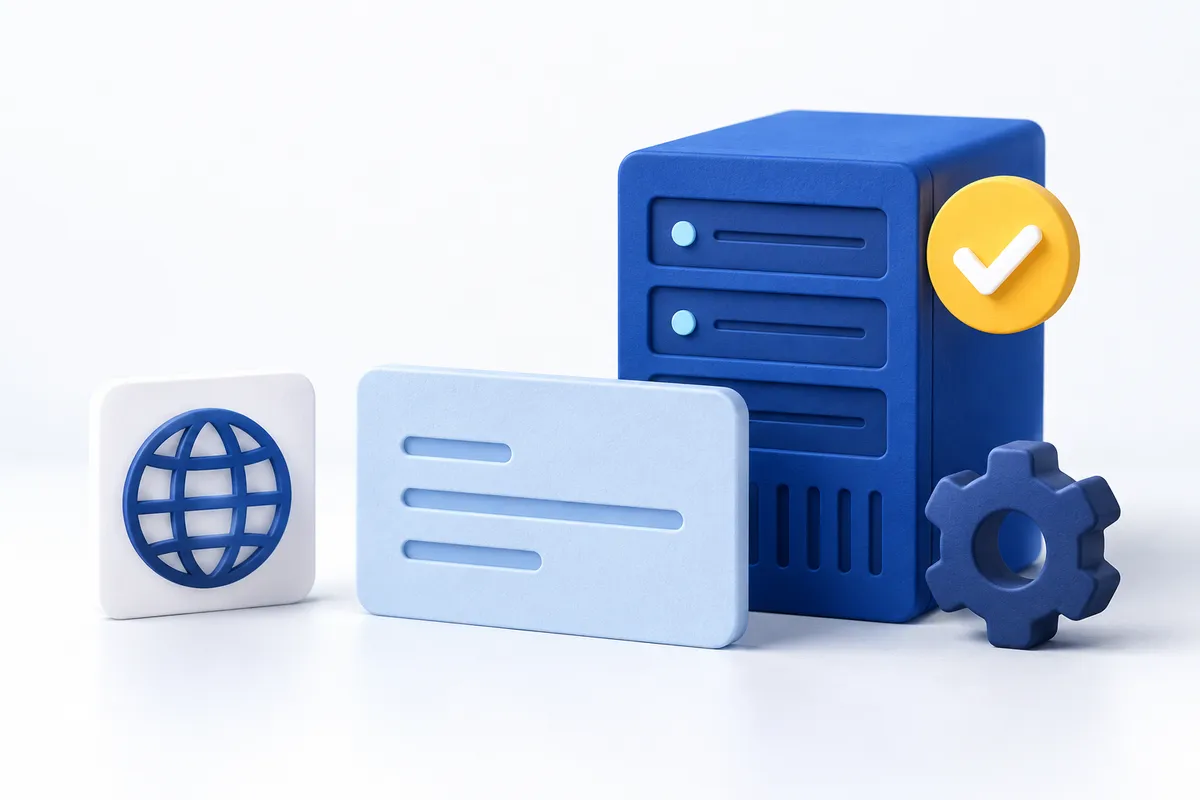 Abstract address card beside a blue server model, gear and globe tile