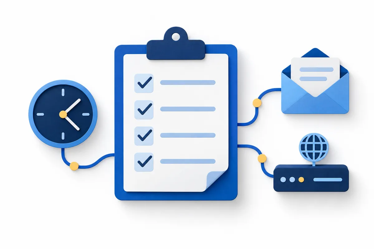 Blue checklist with a clock, envelope and small network card
