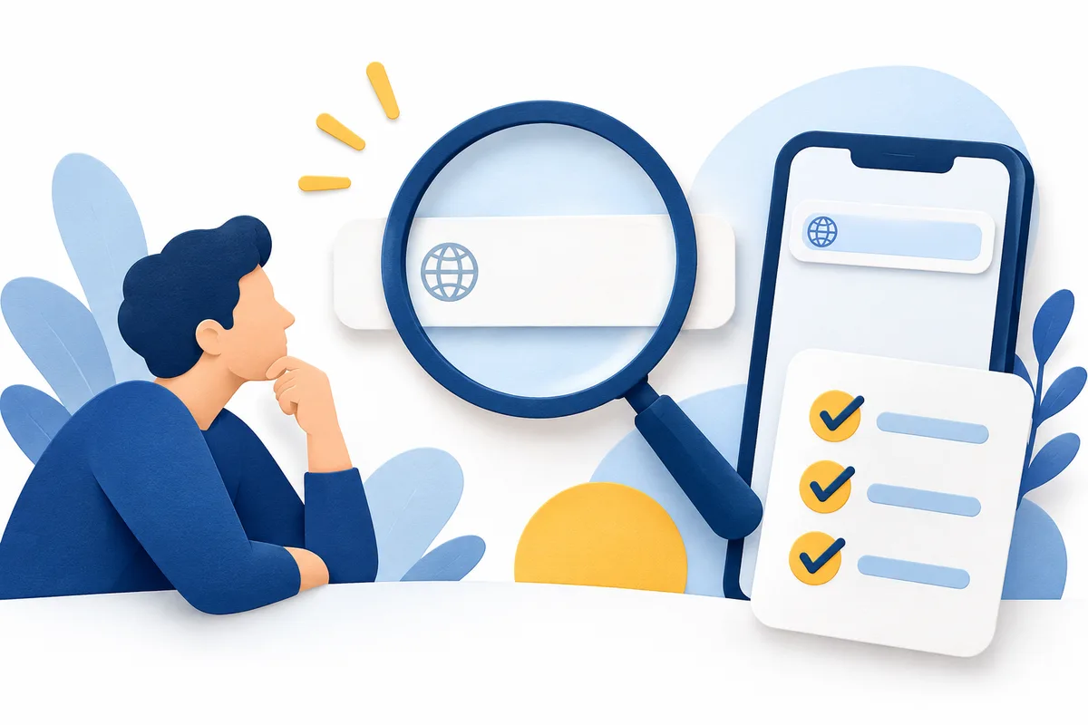 Magnifying glass over an address card beside a smartphone and short checklist