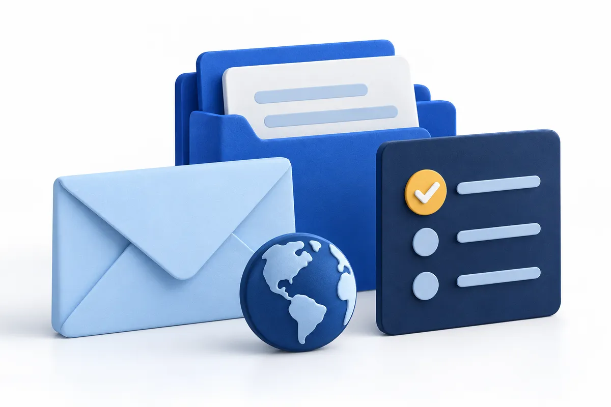 Envelope beside a blue document folder, a checklist and a globe tile