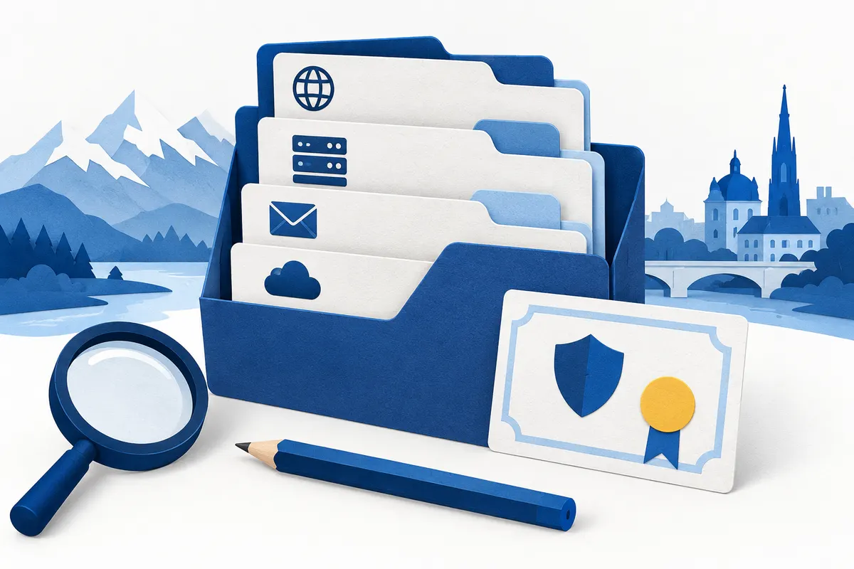 Organised DNS folders beside a certificate card, pencil and magnifier
