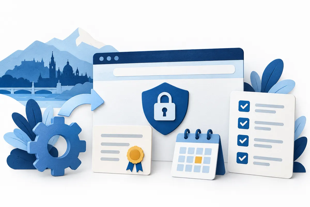 Browser panel with a padlock beside a calendar, certificate card and checklist