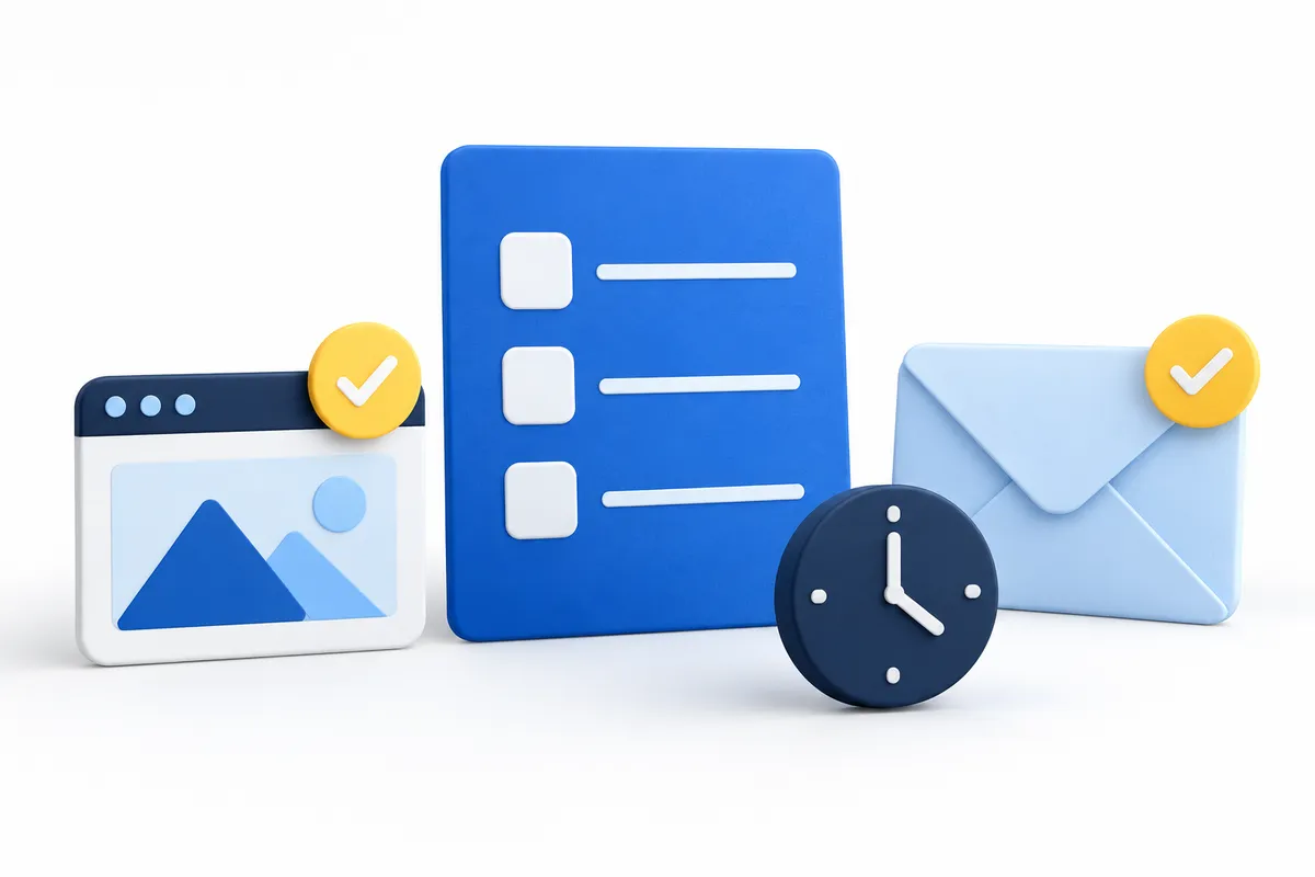 Blaue Checkliste neben einem Browsermodell, einem separaten Briefumschlag und einer kleinen Uhr