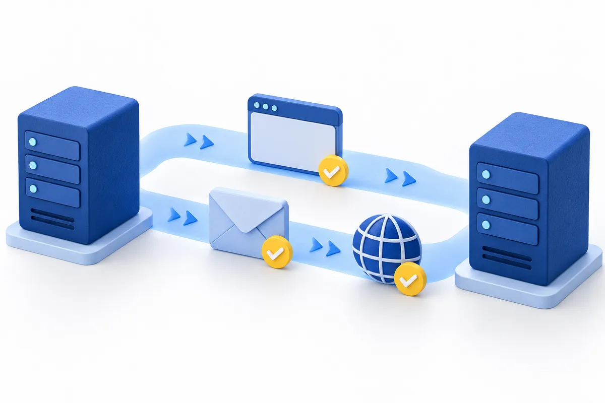 Zwei blaue Servermodelle mit Browserfenster, Briefumschlag und Globus auf verbindenden Wegen