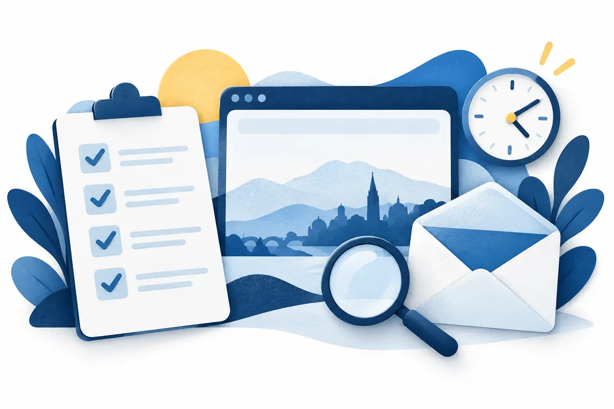 Checklist, browser panel, envelope, clock and magnifier in blue and yellow