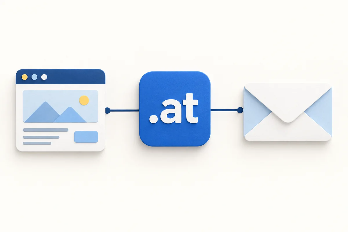 Blaue .at-Kachel mit Verbindungen zu einem Browserfenster und einem Briefumschlag