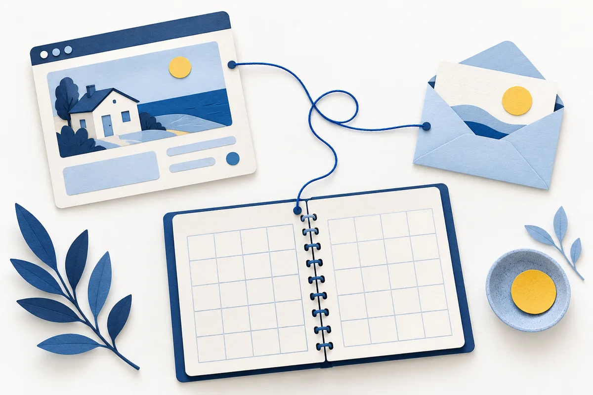 Blank calendar, browser card showing a small house and envelope linked by a blue thread