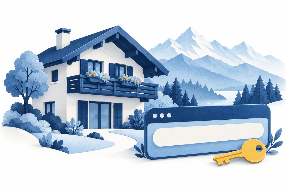 Illustrated holiday house in front of blue mountains beside a blank web-address tile and yellow key