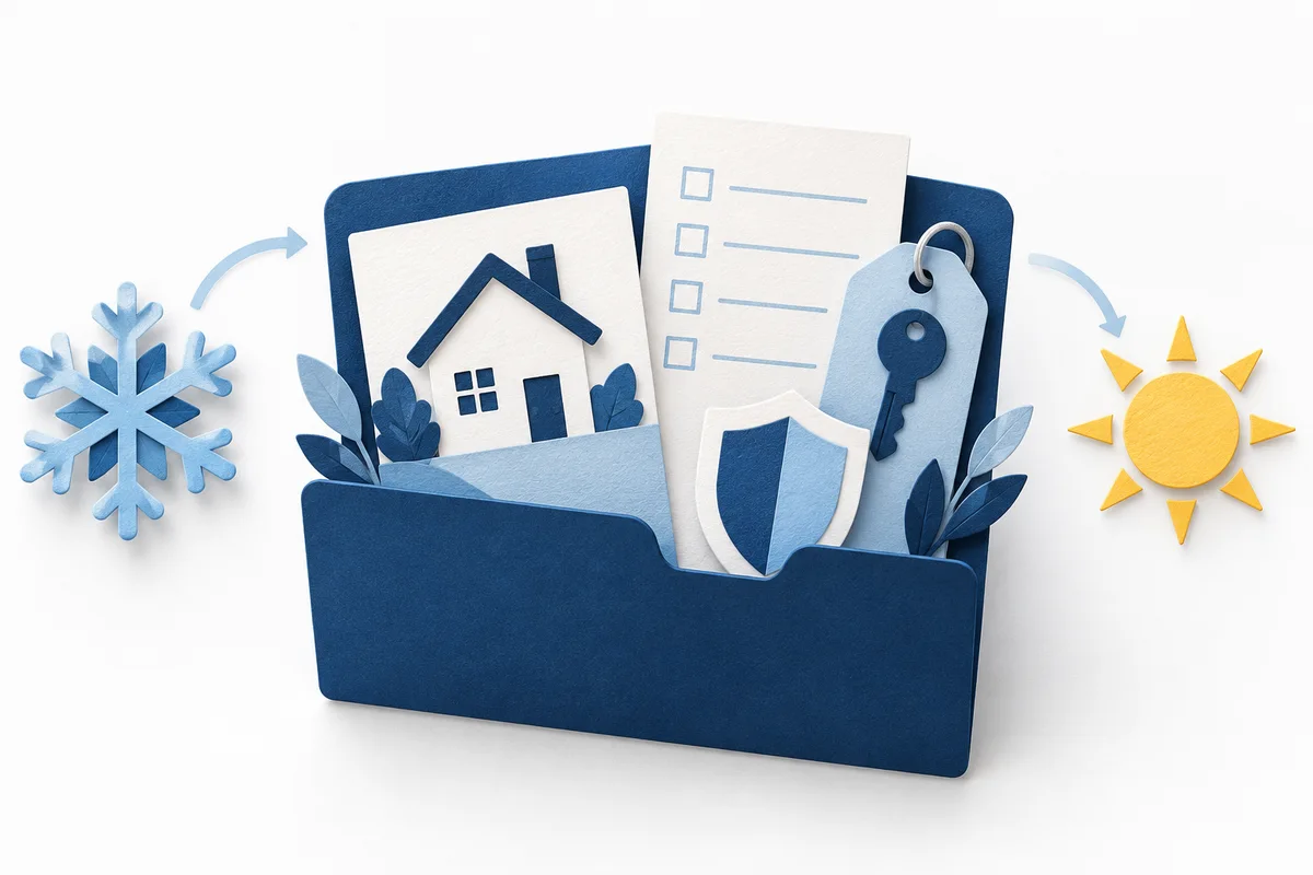 Blue project folder holding a house card, key tag and checklist between a snowflake and sun