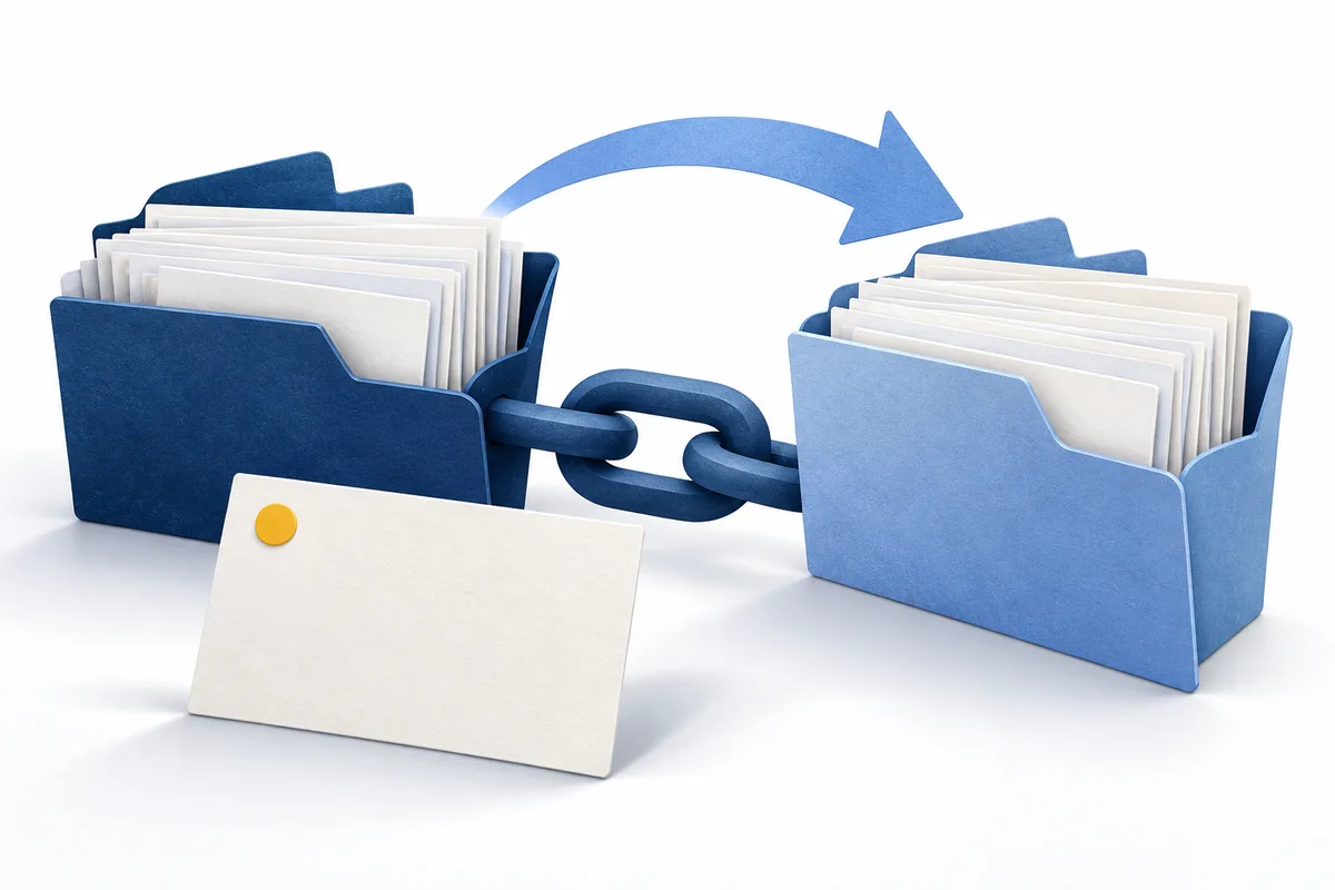 Zwei Archivordner mit Beitragskarten, verbindender Kette und Pfeil