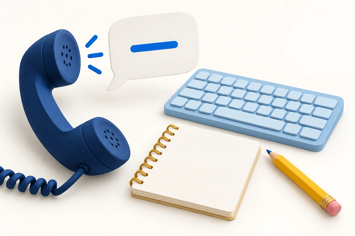 Telephone handset, speech bubble with a dash, keyboard and a blank notebook