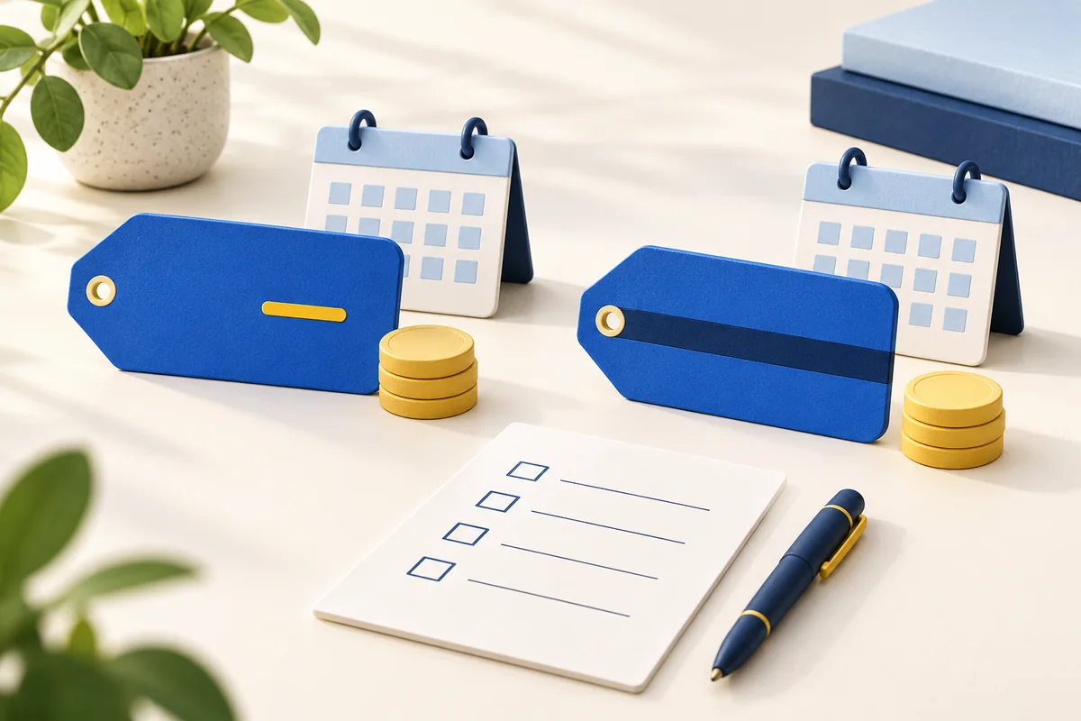 Two blue domain tags, each with a calendar and coin stack, beside a checklist