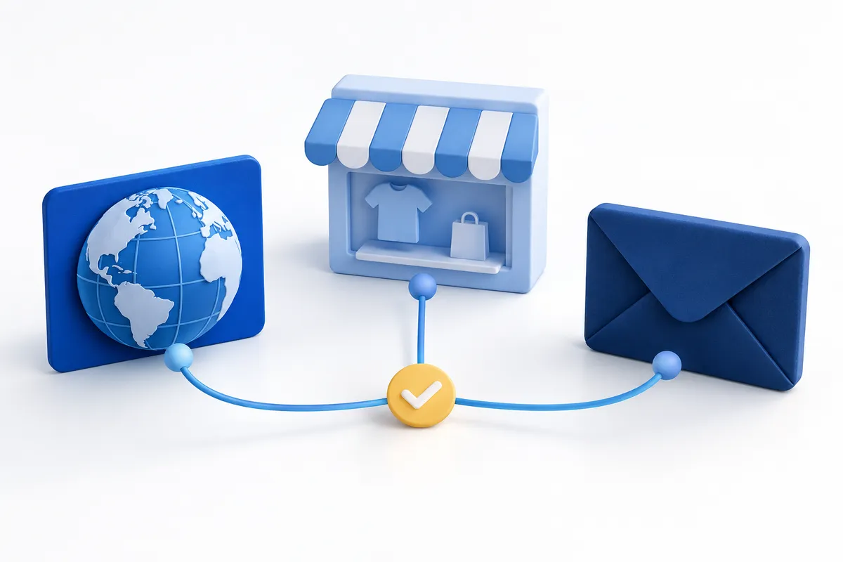 Separate globe tile, storefront and envelope models connected by blue paths