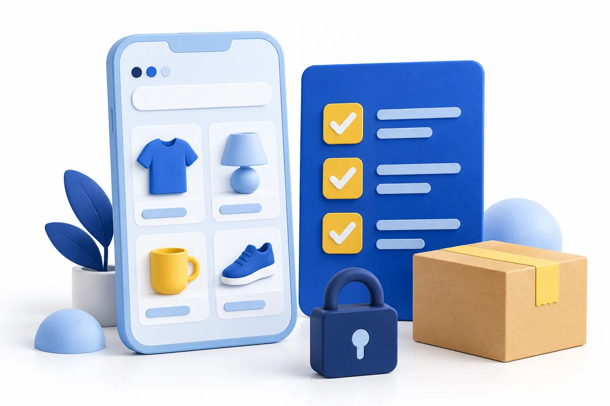 Abstract mobile product window beside a blue checklist, padlock and parcel