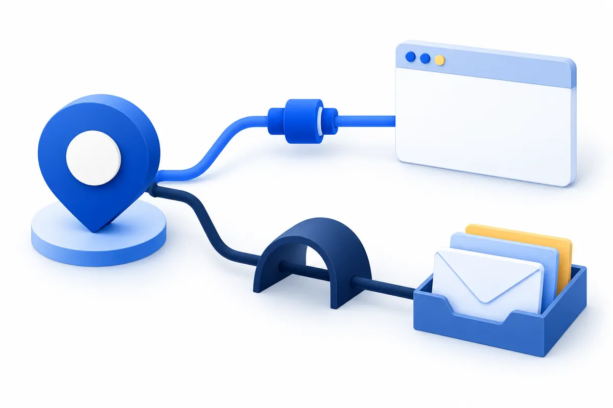Separate blue paths from an address marker to a browser window and a protected envelope tray
