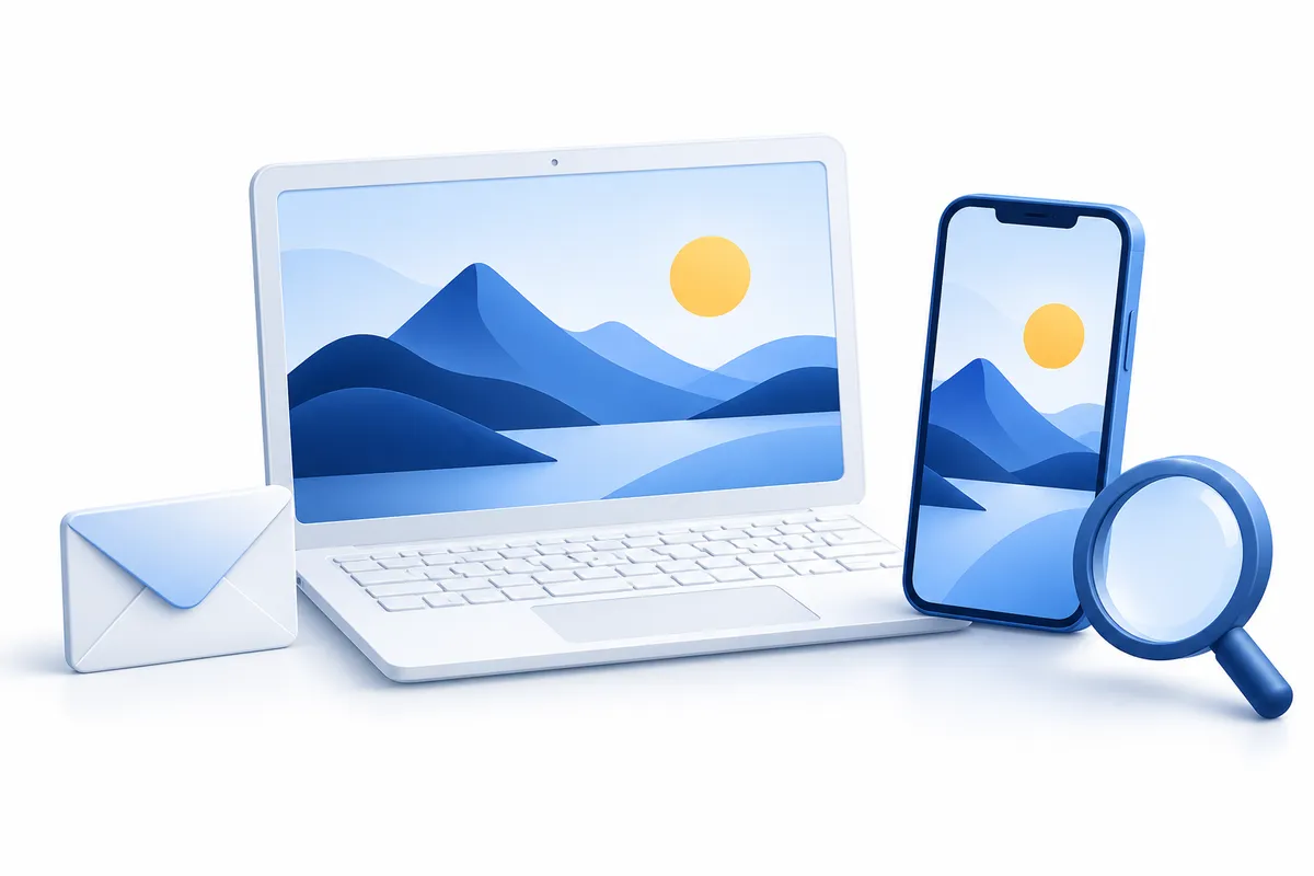 Laptop and smartphone showing the same abstract mountain page beside an envelope and a magnifying glass