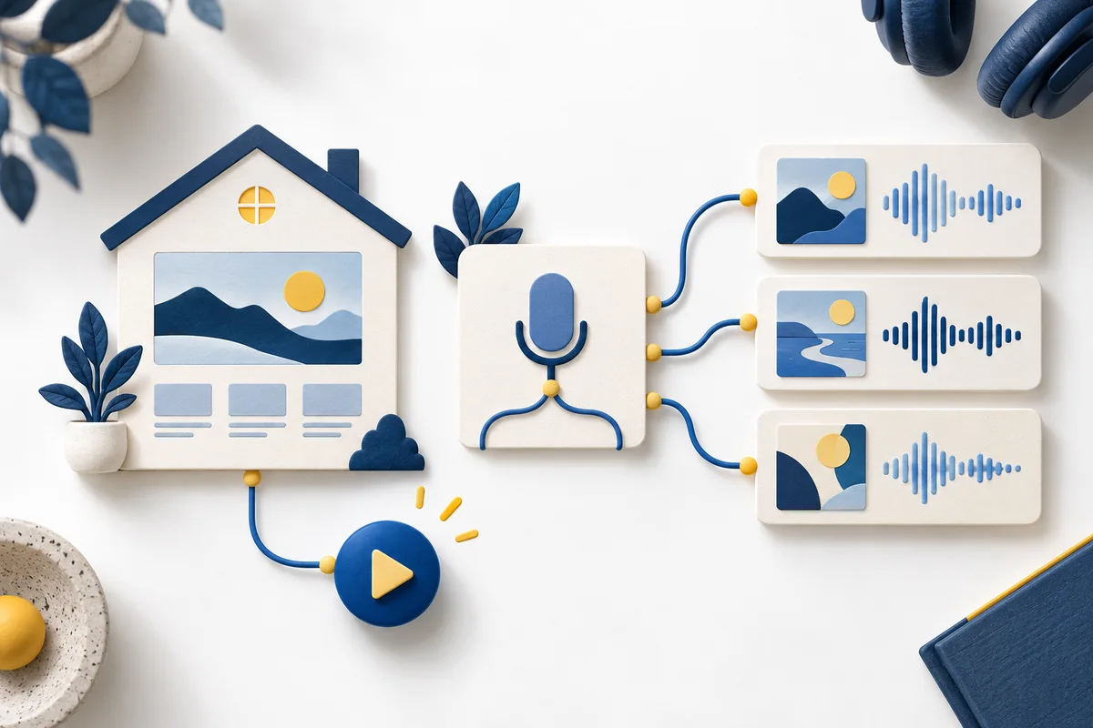 Getrennte Karten für Website, Audio-Feed und einzelne Folgen mit blauen Verbindungen