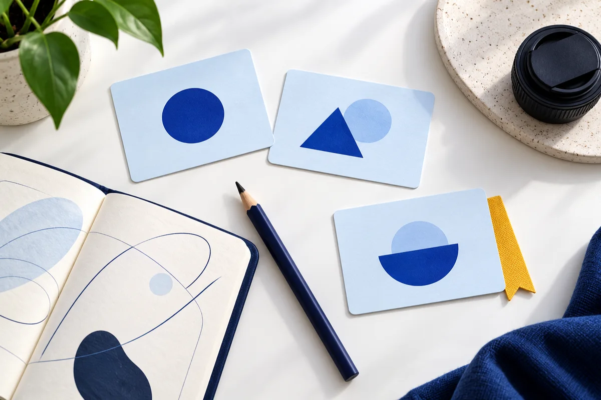 Three pale-blue cards with geometric symbols beside a notebook, pencil and camera lens