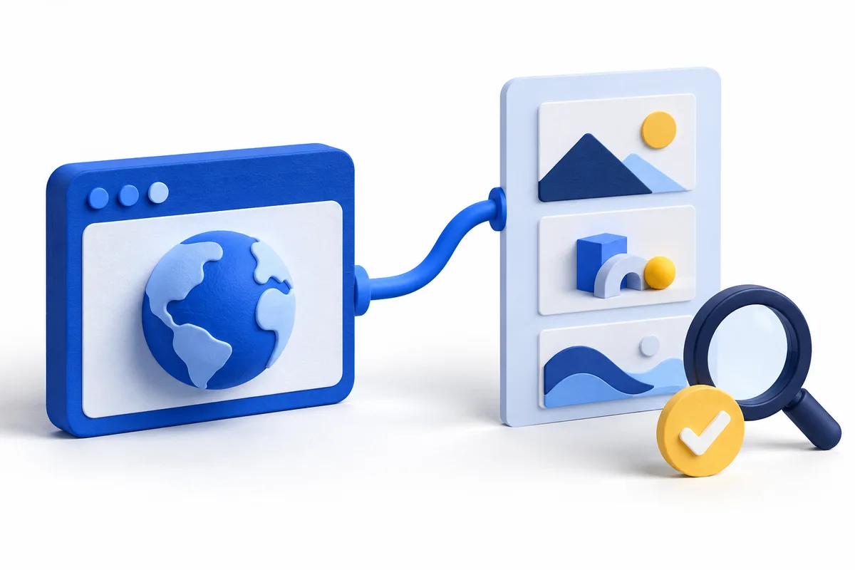 Blue browser model with globe connected to a gallery of project tiles beside a magnifier and yellow check mark