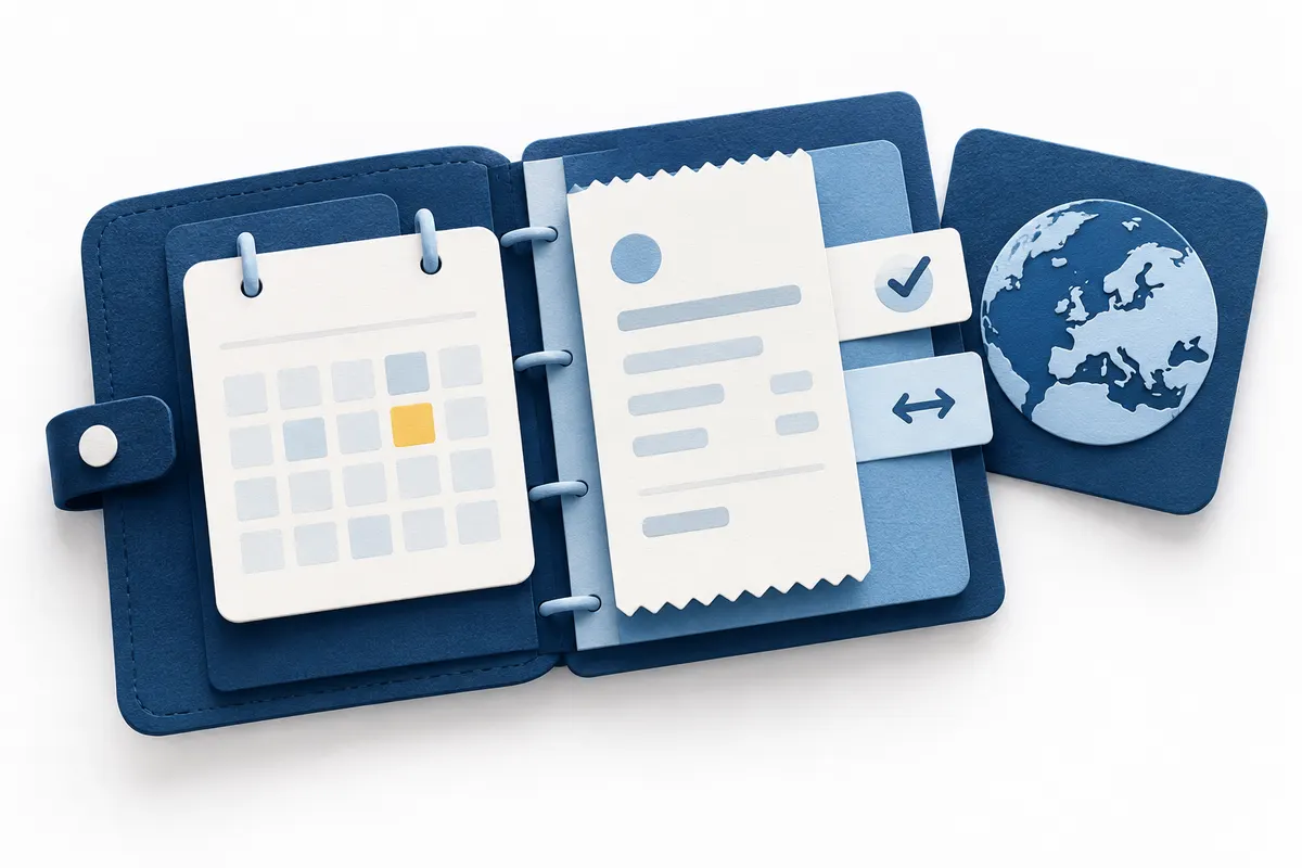 Organised planner with a calendar card, receipt and globe tile