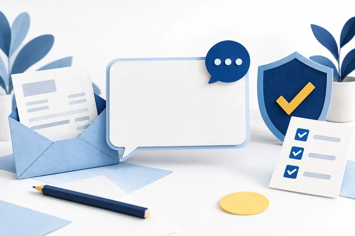 Message card with a speech bubble beside a shield, envelope and checklist