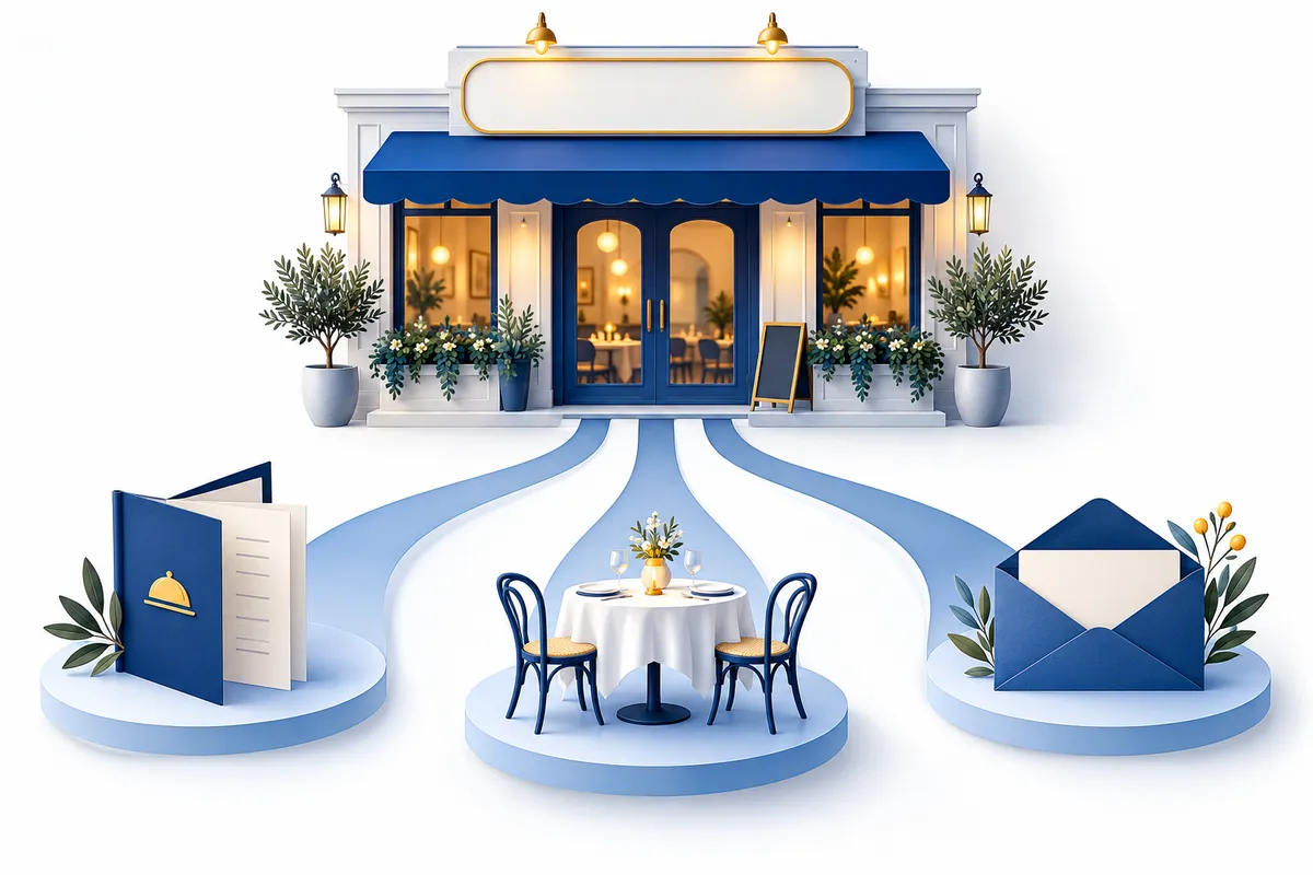 Blue restaurant with an awning, address card and paths to a menu, table and envelope