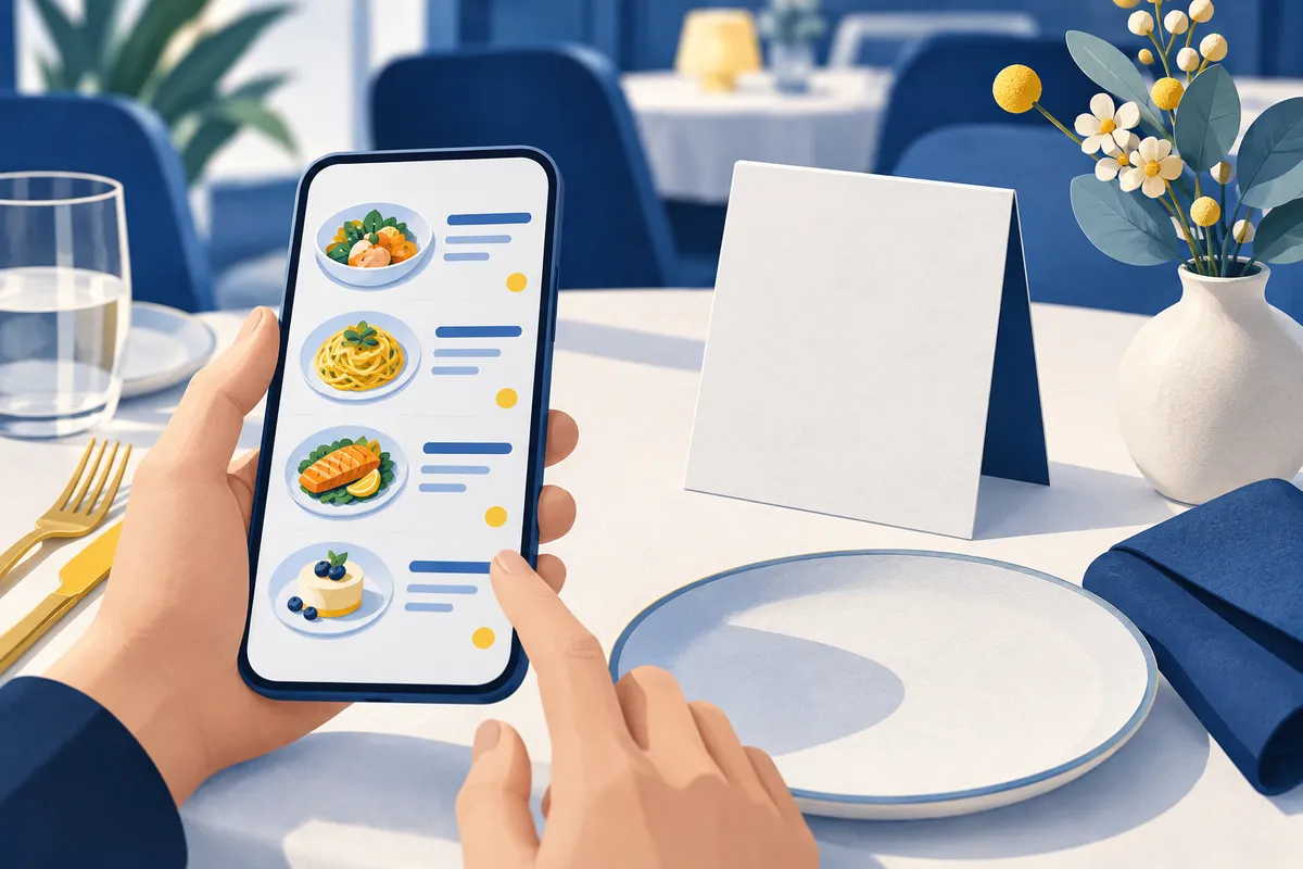Phone displaying a simple menu beside a table sign and plate