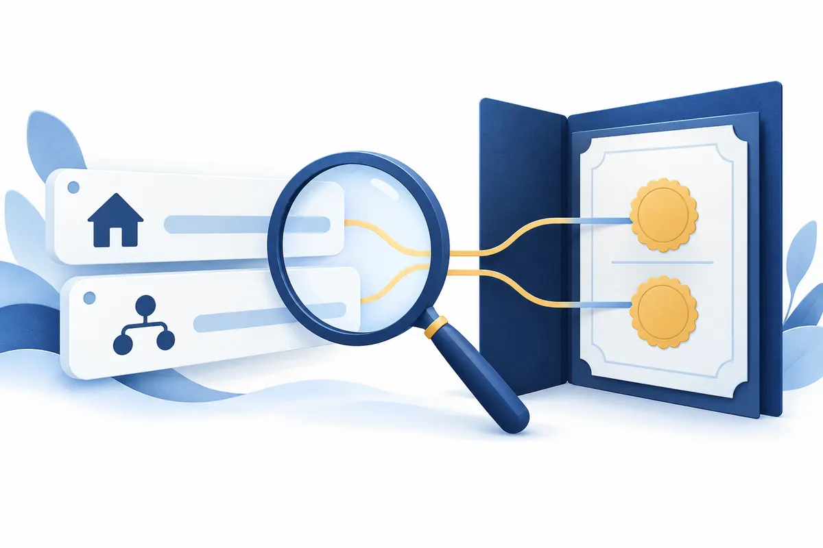 Magnifying glass over two address cards beside a certificate folder with two seals