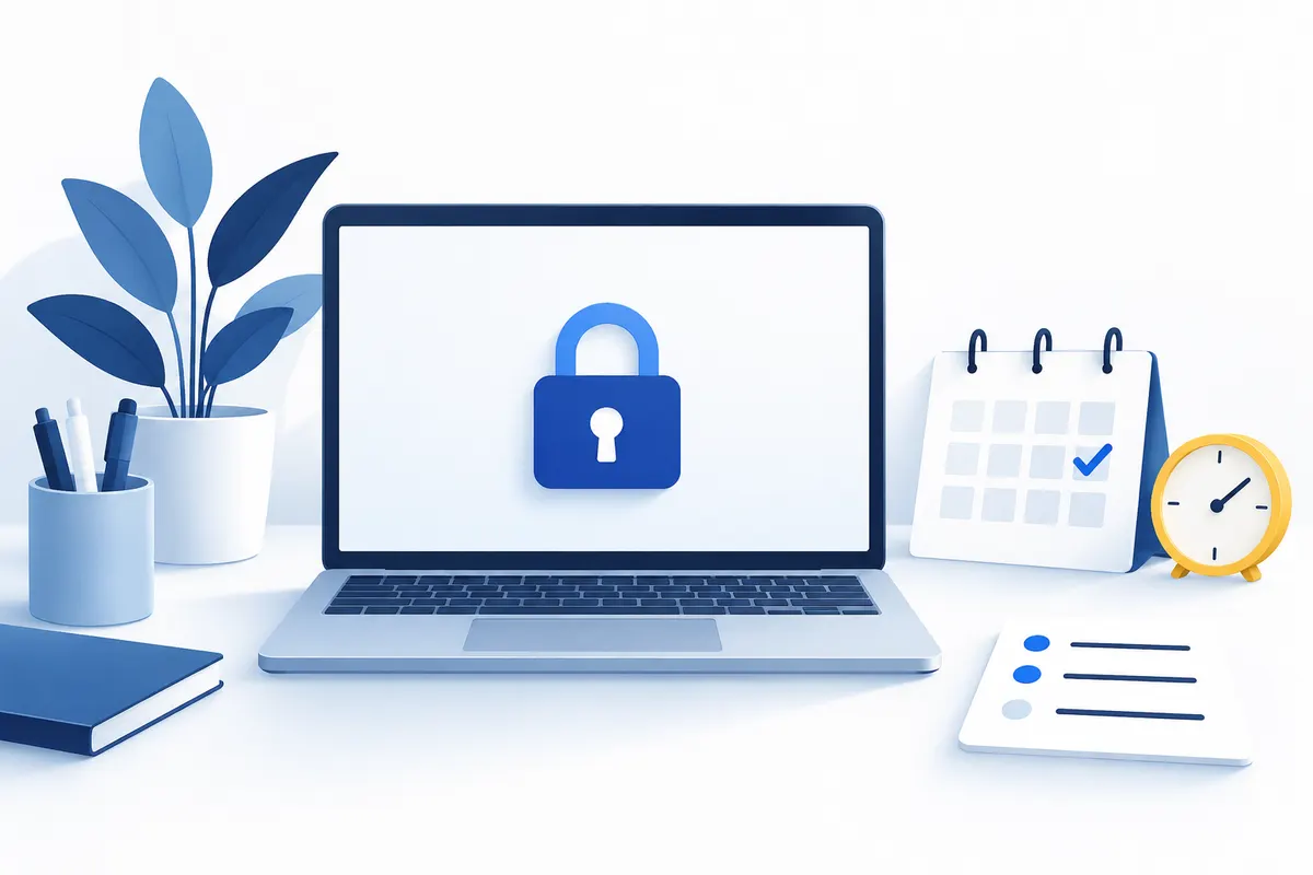 Laptop with a padlock symbol beside a calendar, clock and checklist