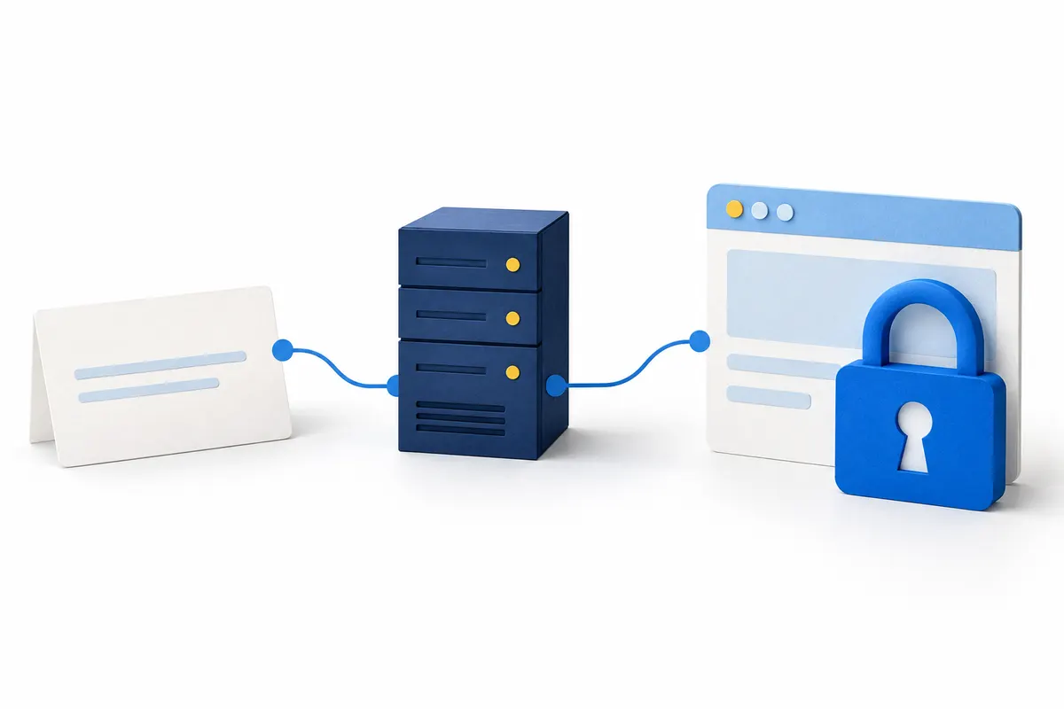 Address card, server and browser window with a closed padlock