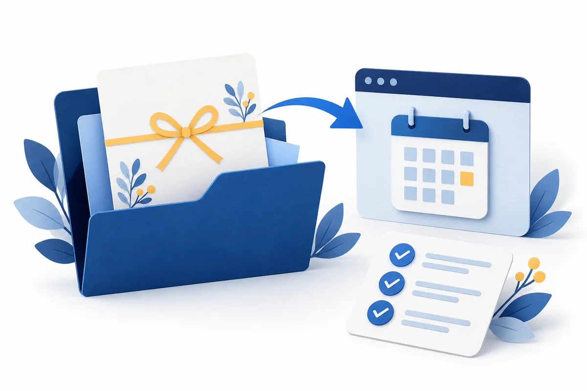 Archive folder with an invitation, an arrow to a calendar window and a small checklist