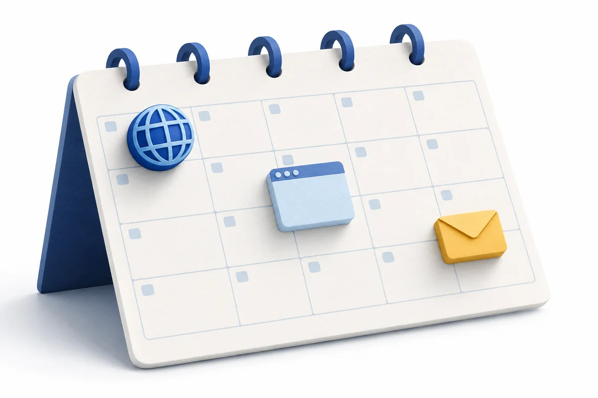 Calendar with a globe, browser window and yellow envelope in separate positions