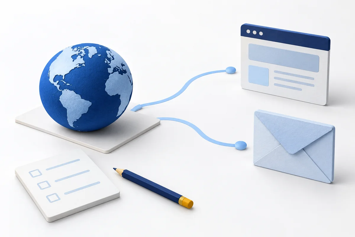 Blue globe with separate paths to a browser model and envelope beside a checklist
