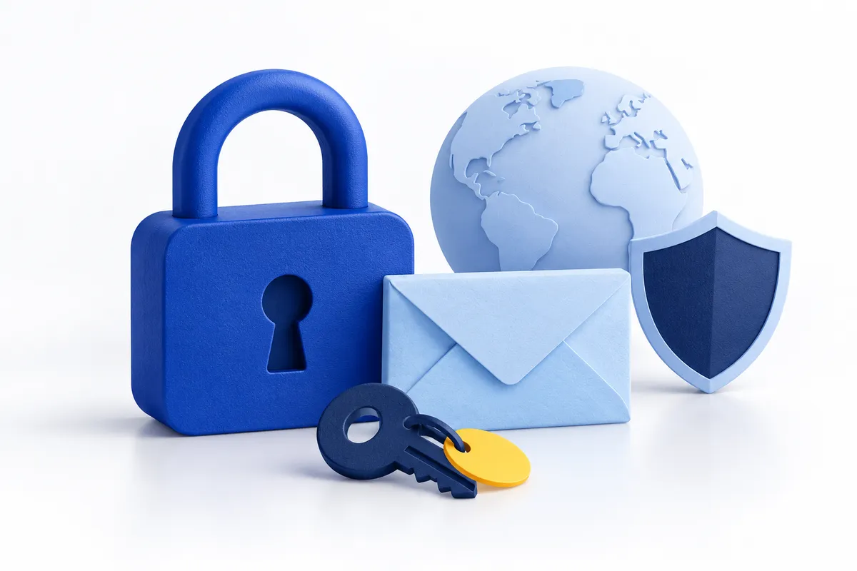Cobalt padlock beside an envelope, key with yellow tag, globe and shield