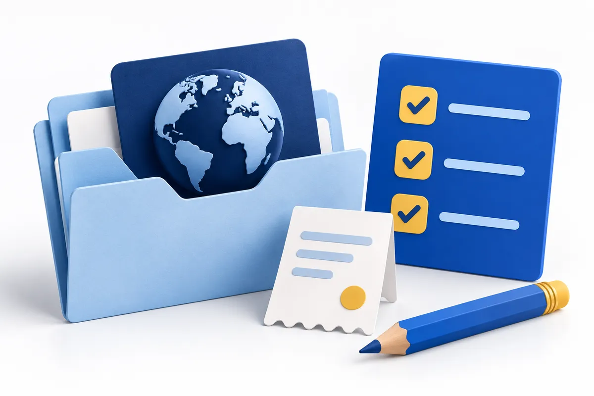 Open pale-blue project folder with a globe card beside a receipt, blue checklist and pencil