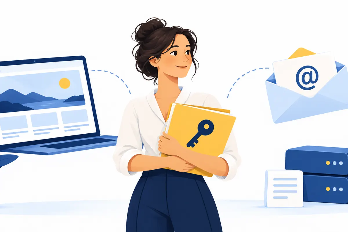Person mit Schlüsselmappe neben Symbolen für Website und E-Mail