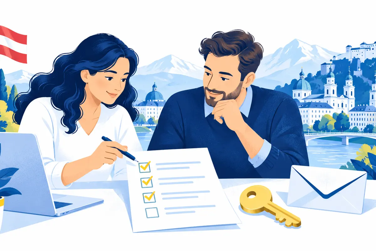Zwei Personen prüfen eine Checkliste neben Schlüssel und Briefumschlag