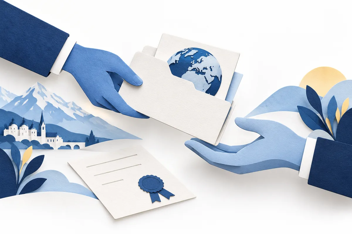 Two abstract hands pass a folder beside an authorisation document