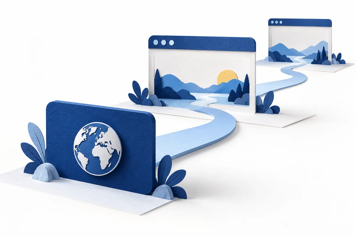 Blaue Adresskarte mit Globussymbol und einem geschwungenen Weg zu neutralen Browsermodellen