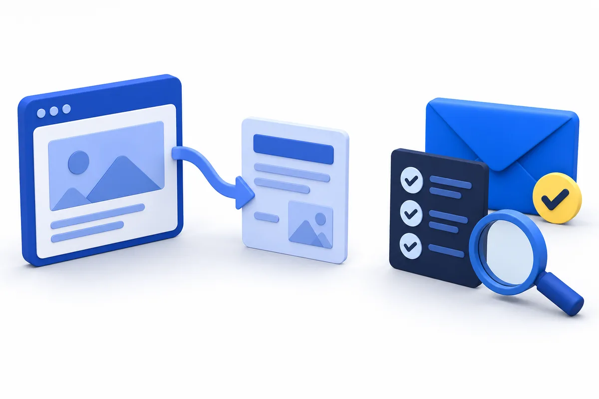 Browsermodell mit Weiterleitung zu einer Projektkarte, daneben separater Briefumschlag, Checkliste und Lupe
