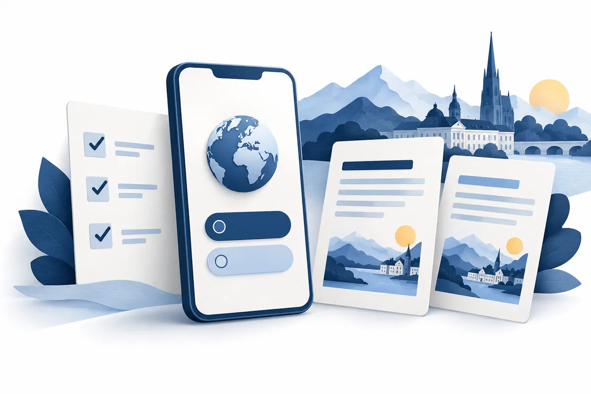 Phone with a neutral language selector beside two page cards and checklist