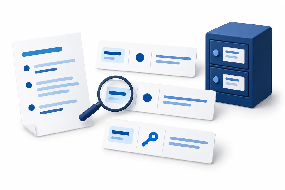 Instruction sheet beside three DNS cards, a magnifying glass and a blue filing cabinet