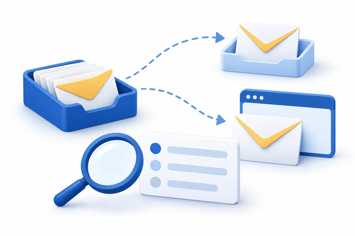Two separate envelope routes lead from a blue mail tray to different destinations, with a magnifier and results card in front