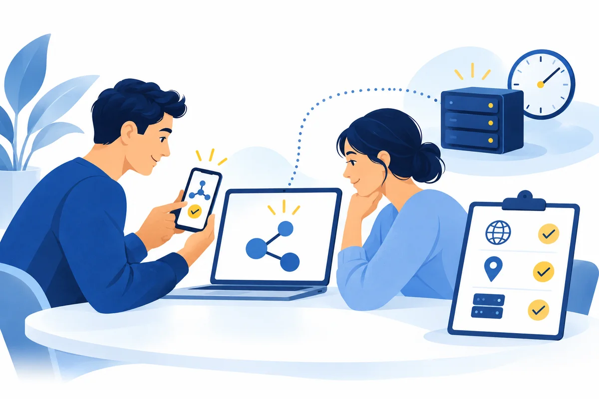 Two people compare service connections on a phone and laptop beside a server and clock
