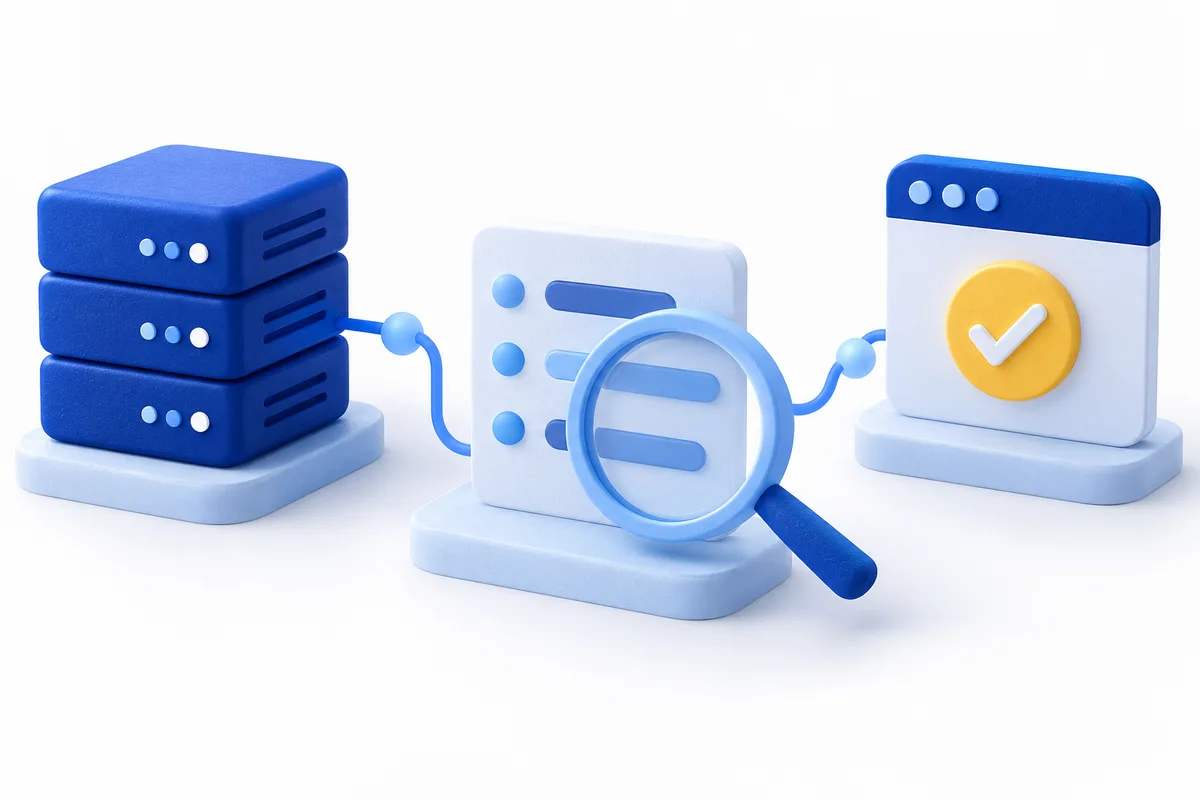 Blue server model, magnifier over a text card and separate browser model with a yellow check