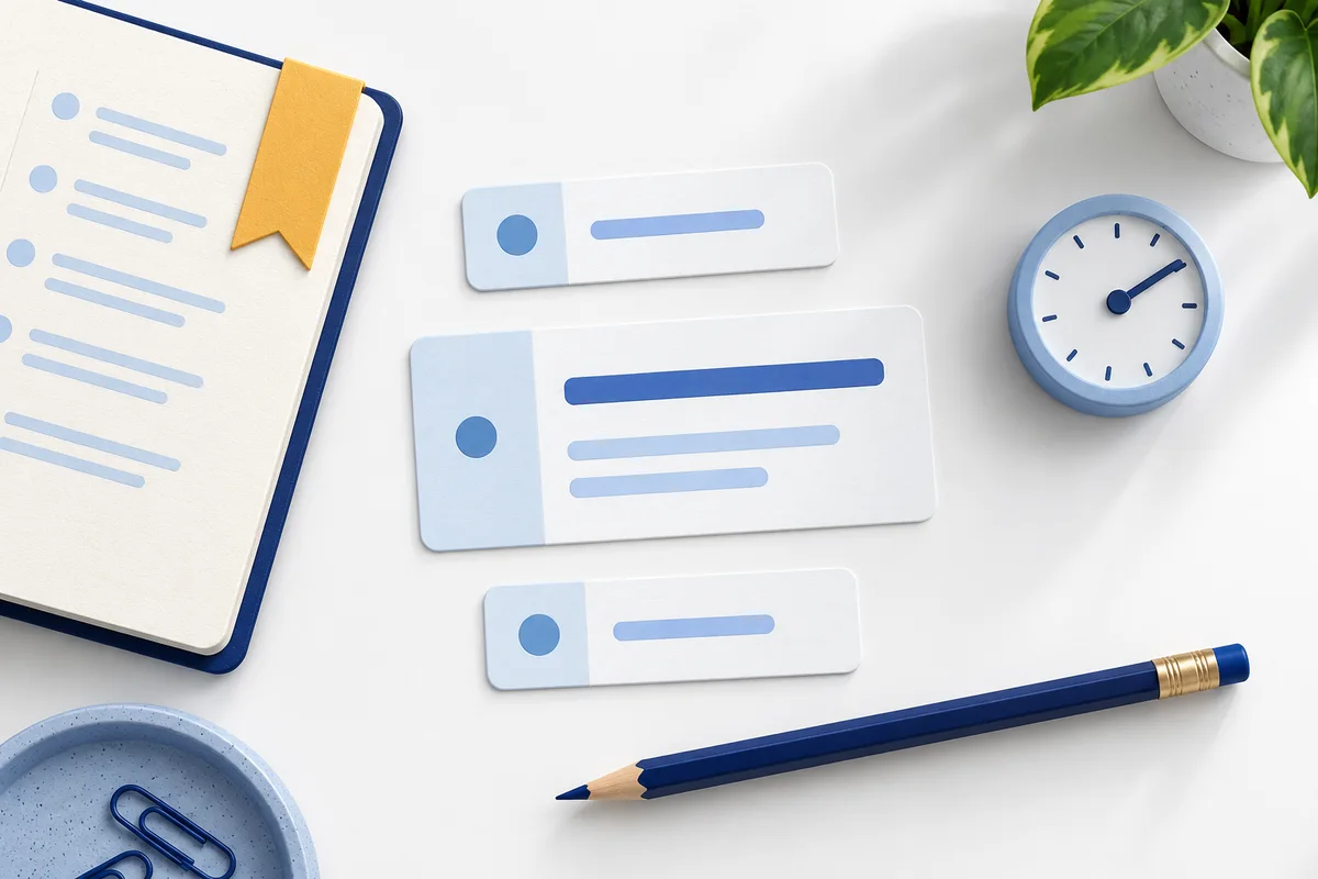 Three abstract form-field cards beside a clock, notebook with yellow bookmark and blue pencil