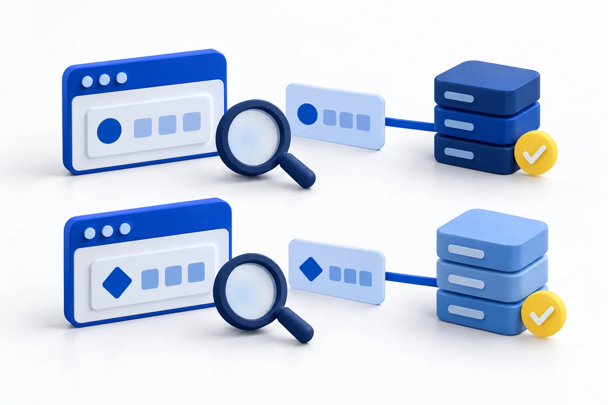 Two browser models with different symbols, magnifiers and separate blue cache blocks